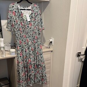 Spell Boho Midd Dress Sage and Pink Floral